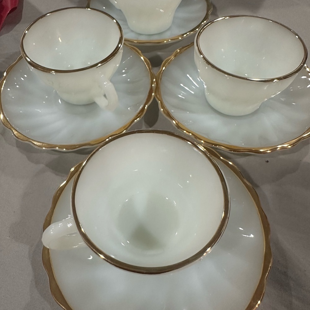 Vintage Anchor Hocking White and Gold Rim Mini Tea Cup Set